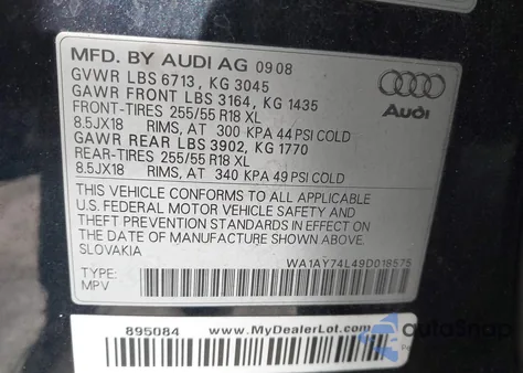 2009 Audi Q7 3.6 5 Passenger/3.6 Premium from USA, damaged, VIN WA1AY74L49D018575